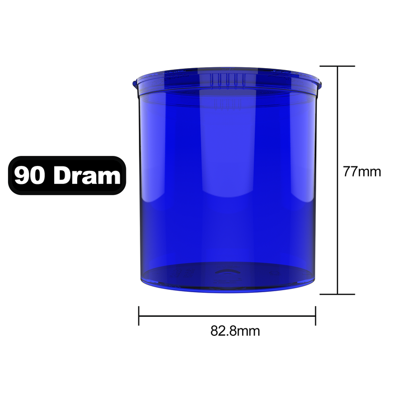 90 Dram Dragon Chewer transparent Blue Big Pop Top diagram size template. See thru see through marijuana packaging 