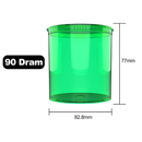 90 Dram Dragon Chewer transparent Green Big Pop Top diagram size template. See thru see through marijuana packaging. Capacity 1 one ounce 1/2 oz