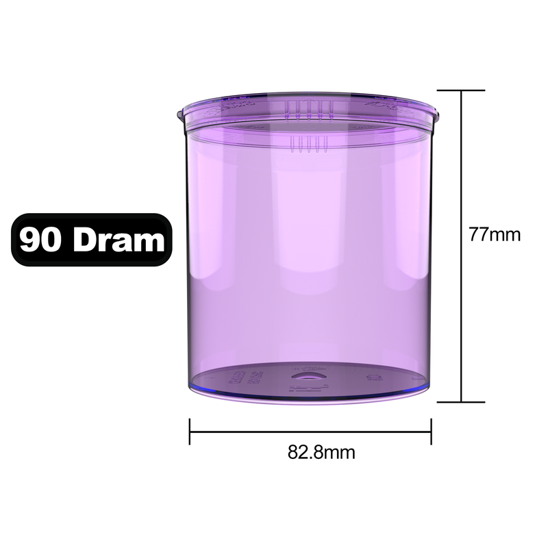 90 Dram Dragon Chewer transparent Purple Big Pop Top diagram size template. See thru see through marijuana packaging. Capacity 1 one ounce 1/2 oz.