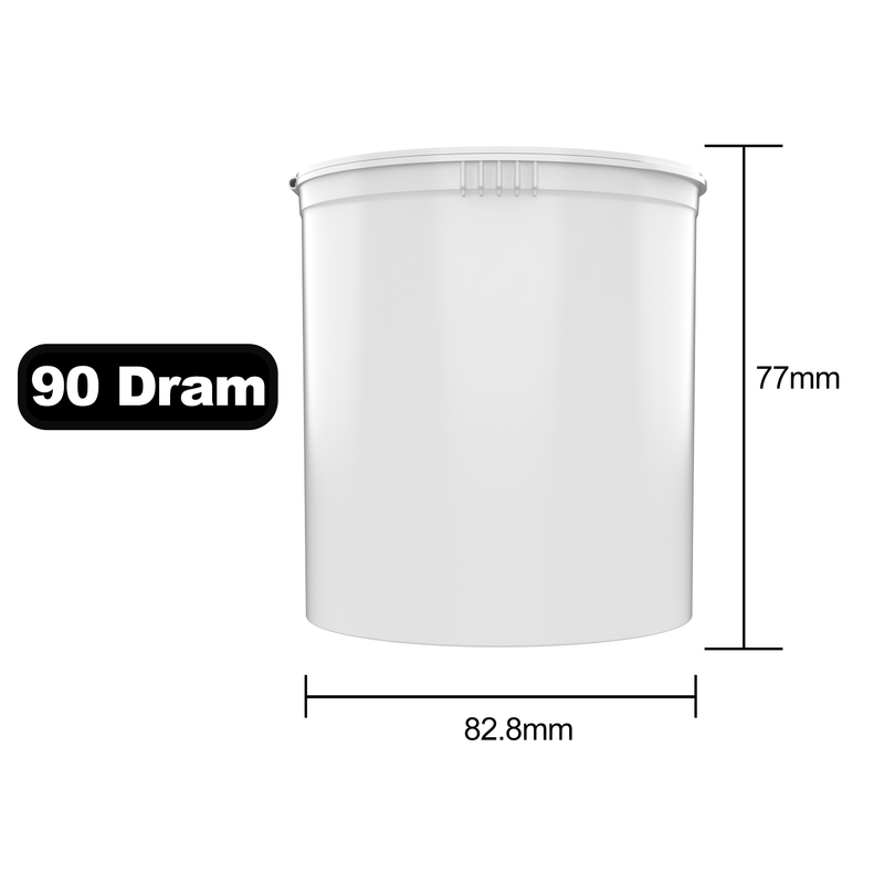 90 Dram Dragon Chewer White Big Pop Top diagram size template. Capacity 1 one ounce 1/2 oz.