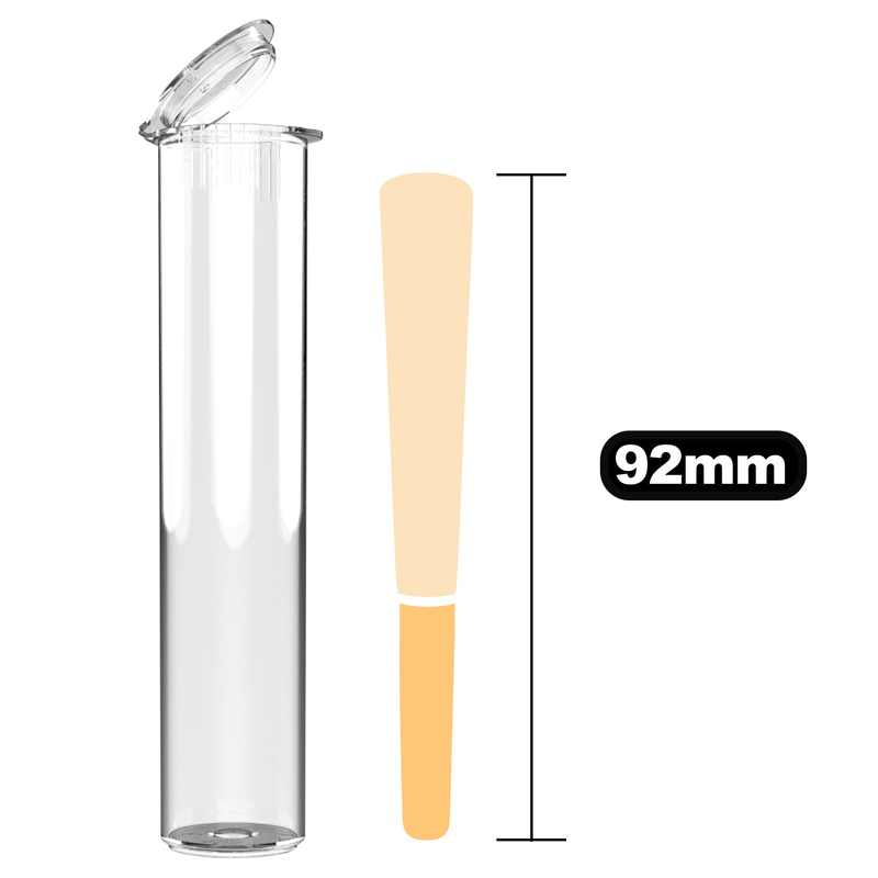 92mm Clear Pop Top Pre Roll Child Resistant Tubes - OPEN LID (600 qty.)