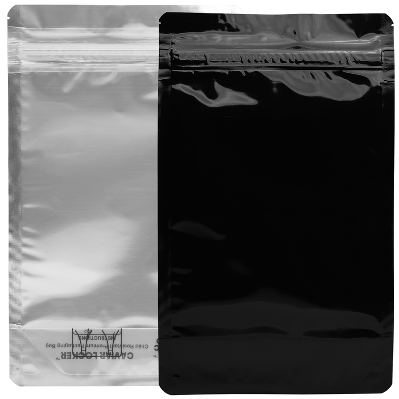 1/2 Ounce CR Exit Bags Gloss Black / Clear - Tear Notch Mylar Bags - Child Resistant - (1,000 qty.)