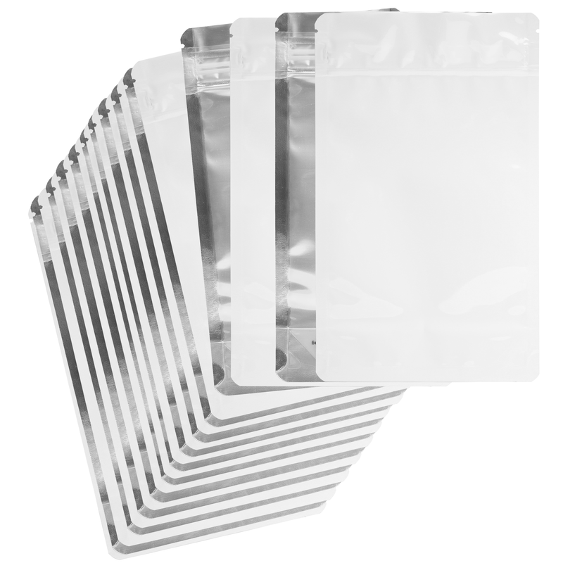 1/2 Ounce CR Exit Bags Gloss White / Gloss Clear - Tear Notch Mylar Bags - Child Resistant - (50 qty.)