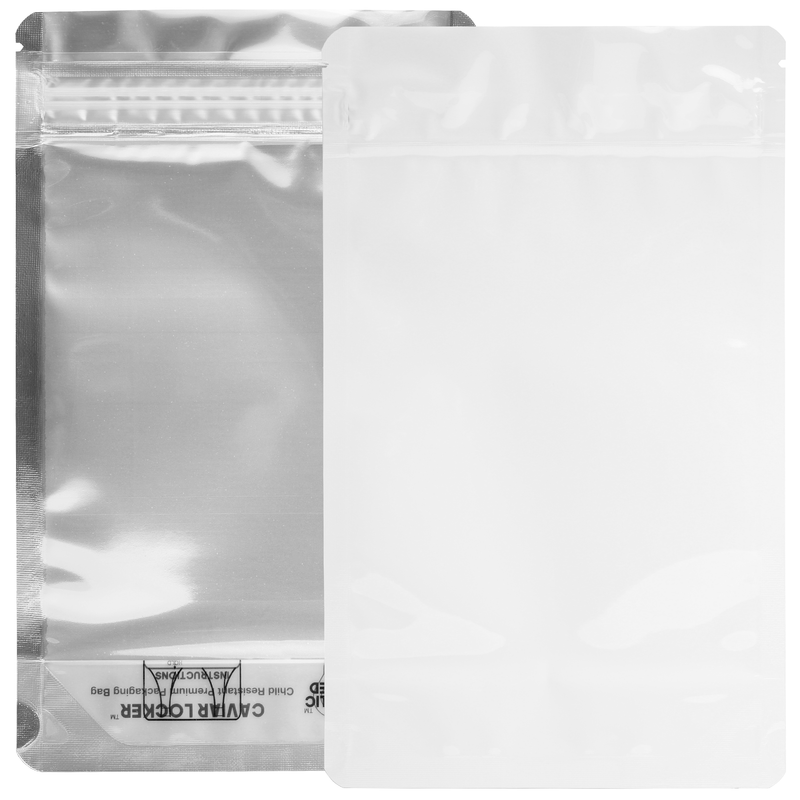 1/2 Ounce CR Exit Bags Gloss White / Gloss Clear - Tear Notch Mylar Bags - Child Resistant - (50 qty.)