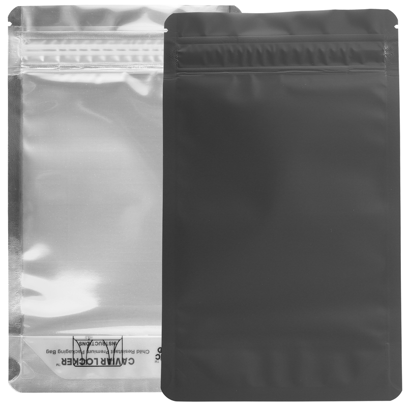 1/2 Ounce CR Exit Bags Matte Black / Gloss Clear - Tear Notch Mylar Bags - Child Resistant - (50 qty.)