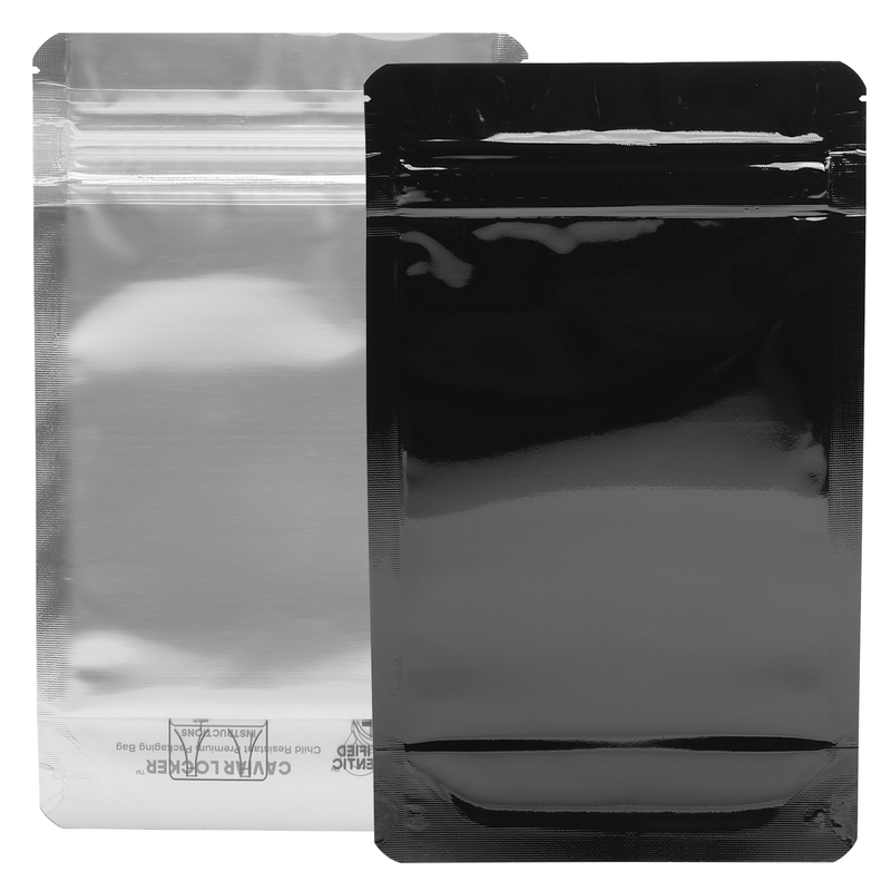 1/4th Ounce CR Exit Bags Gloss Black / Clear - Tear Notch Mylar Bags - Child Resistant - (1,000 qty.)