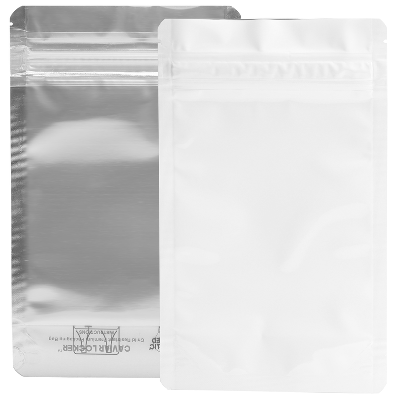 1/4th Ounce CR Exit Bags Gloss White / Gloss Clear - Tear Notch Mylar Bags - Child Resistant - (1,000 qty.)
