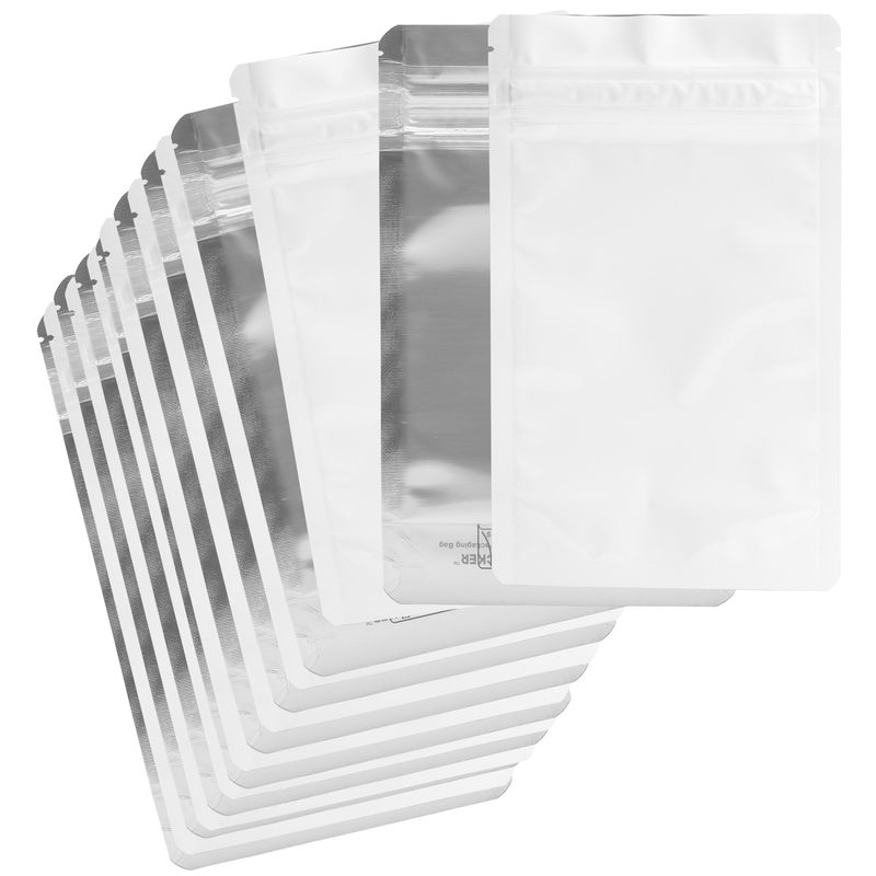 1/4th Ounce CR Exit Bags Gloss White / Gloss Clear - Tear Notch Mylar Bags - Child Resistant - (50 qty.)