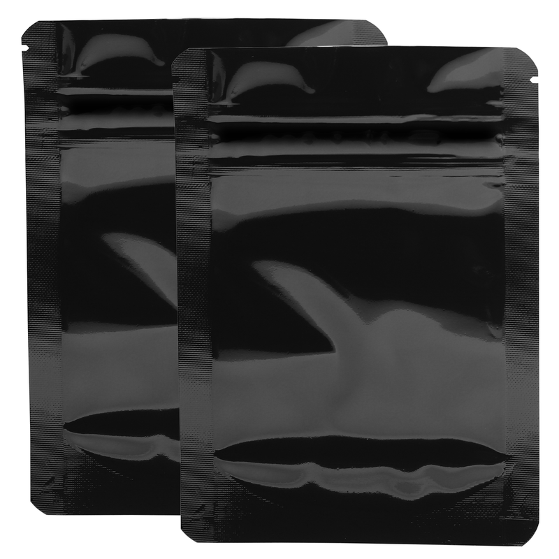 1/8th Ounce 3.5g CR Exit Bags Gloss Black / Gloss Black - Tear Notch Mylar Bags - Child Resistant - (1,000 qty.)