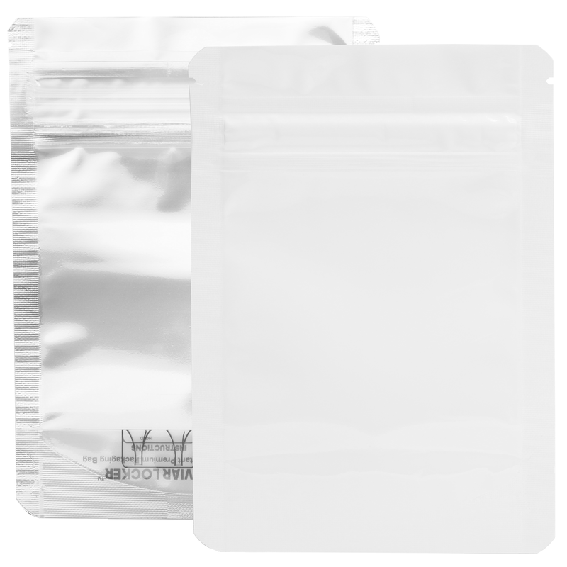 1/8th Ounce 3.5g CR Exit Bags Gloss White / Gloss Clear - Tear Notch Mylar Bags - Child Resistant - (50 qty.)