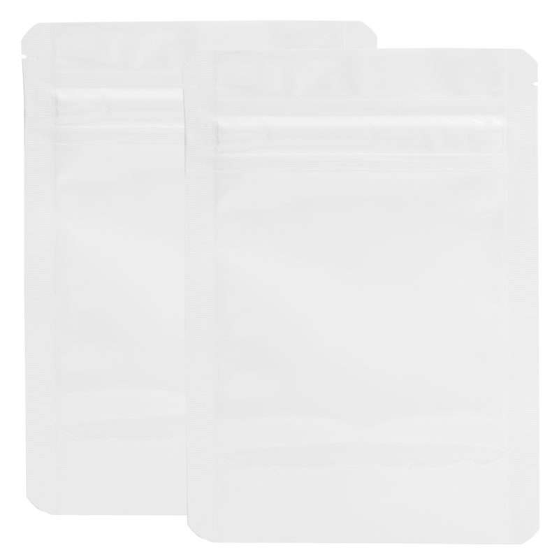 1/8th Ounce 3.5g CR Exit Bags Gloss White Opaque Mylar Bags - Tear Notch Mylar Bags - Child Resistant - (50 qty.)