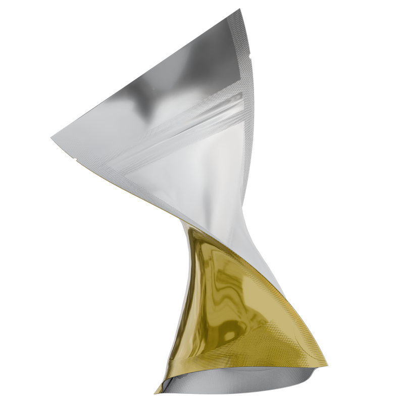 Gloss Gold Vista Clear Dragon Chewer 3.5 g gram 1/8 smell proof mylar bags by HIGHLOCK. Best thick wholesale bulk dispensary custom child resistant packaging 420 barrier bags tamper evident resealable large food storage heat sealable tear notches 3 x 5 strain cali custom stickers template generic free 3 x 1 logo 100 pack universal symbol designer metallic gold
