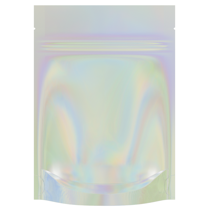 Gloss Holographic Vista Clear Dragon Chewer 3.5 g gram 1/8 smell proof mylar bags by HIGHLOCK. Best thick wholesale bulk dispensary custom child resistant packaging 420 barrier bags tamper evident resealable large food storage heat sealable tear notches 3 x 5 100 PACK