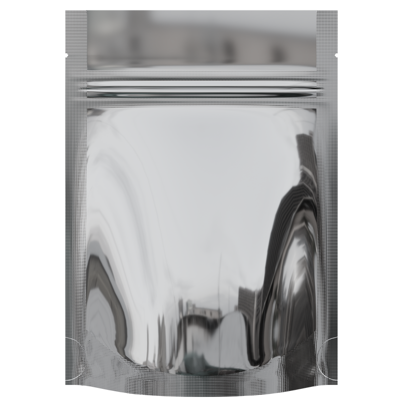 Gloss Silver Vista Clear Dragon Chewer 3.5 g gram 1/8 quarter ounce smell proof mylar bags by HIGHLOCK. Best thick wholesale bulk dispensary custom child resistant packaging 420 barrier bags tamper evident resealable large food storage heat sealable 3 x 5 100 PACK