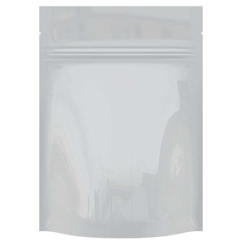 Gloss White Opaque Dragon Chewer 3.5 g gram 1/8 ounce smell proof mylar bags by HIGHLOCK. Best thick wholesale bulk dispensary custom child resistant packaging 420 barrier bags tamper evident resealable large food storage baggies 3 x 5 100 PACK