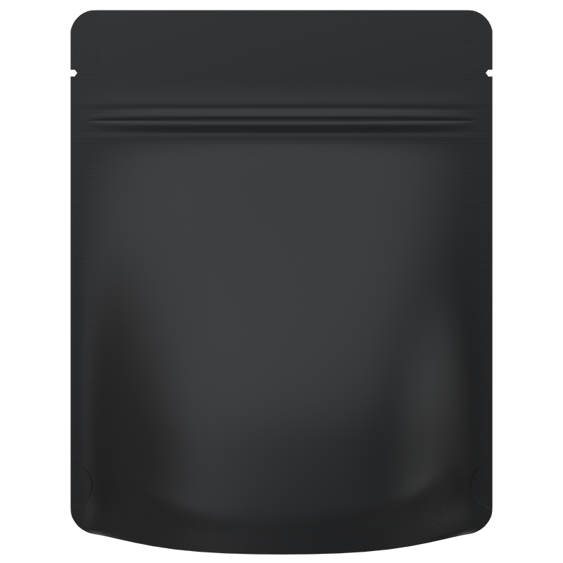 Matte Black Opaque Dragon Chewer 3.5 g gram 1/8 quarter ounce smell proof mylar bags by HIGHLOCK. Best thick wholesale bulk dispensary custom child resistant packaging 420 barrier bags tamper evident resealable large food storage heat sealable 4 x 5 rounded corners tear notches