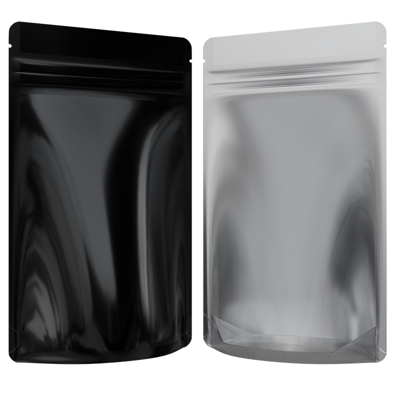 1/2 Ounce CR Exit Bags Gloss Black / Clear - Tear Notch Mylar Bags - Child Resistant - (1,000 qty.)