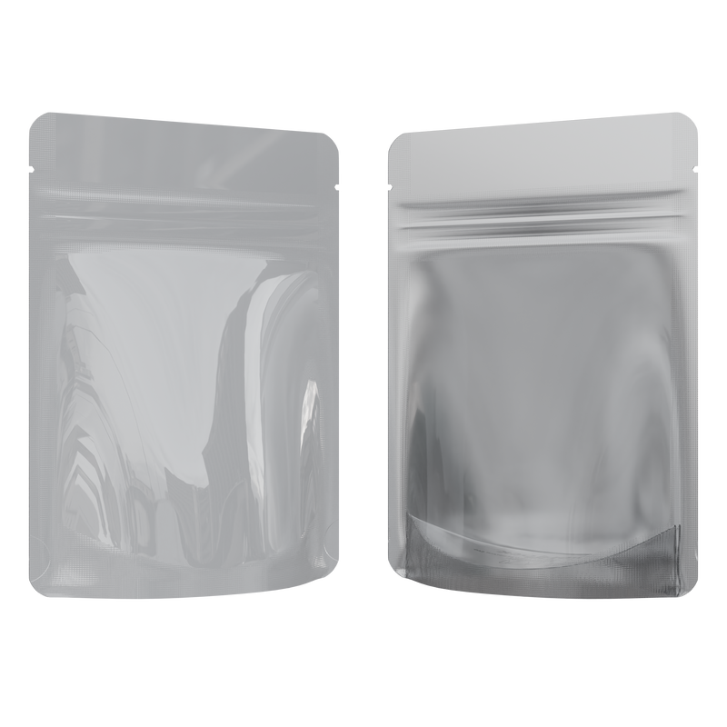 1/8th Ounce 3.5g CR Exit Bags Gloss White / Gloss Clear - Tear Notch Mylar Bags - Child Resistant - (1,000 qty.)