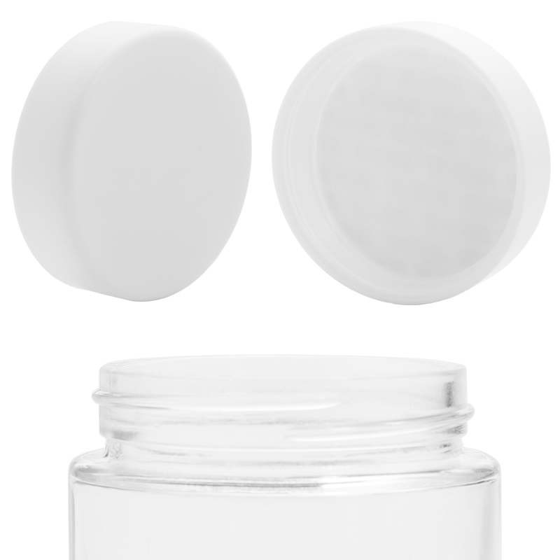 3 ounce oz glass jars with lids wholesale bulk clear CR white cap child resistant compliant packaging containers dragon chewer child proof designs 3.5 gram 1/8th flower