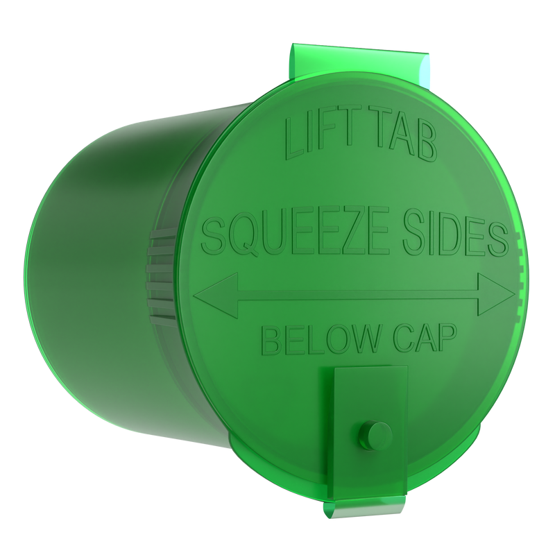 Green 6 dram latch top pop top child resistant container bottle vial 8 4 dr wholesale packaging smell proof supplies dragon chewer template die diagram size bulk 1 gram 1g CR squeeze top airtight highlock HL nearby near me vial bottle sizes cap small