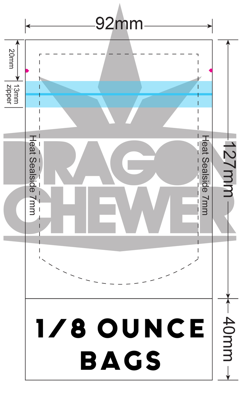 Medium Kraft Paper Dragon Chewer 3.5 g gram 1/8 smell proof mylar bags by HIGHLOCK. Best thick wholesale bulk dispensary custom child resistant packaging 420 barrier bags tamper evident resealable large food storage heat sealable tear notches plastic baggies 3 x 5