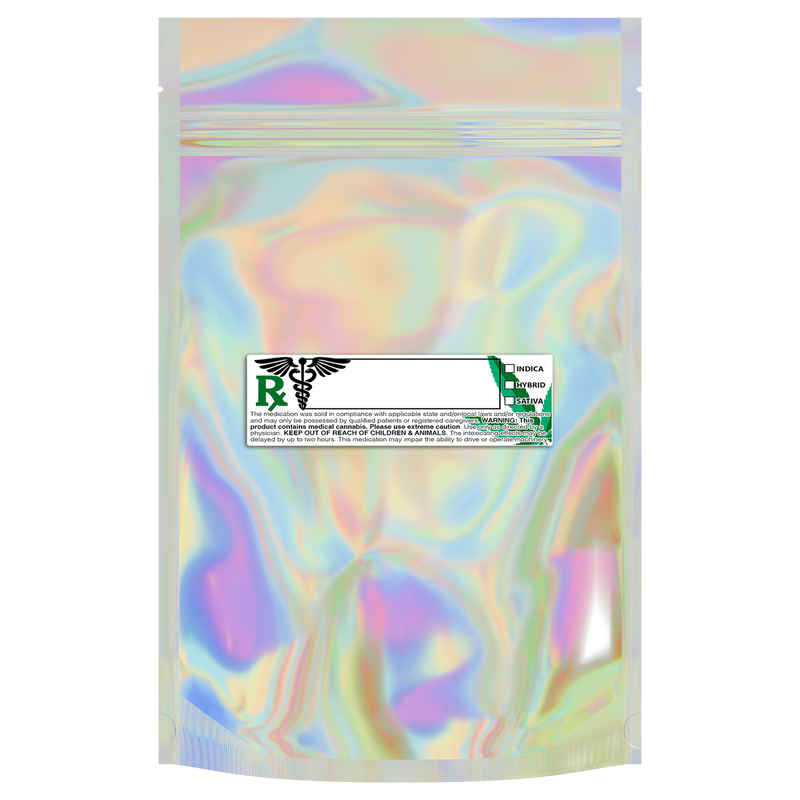 1 Ounce Gloss Holographic & Clear Mylar Bags + Labels - (100 qty.)