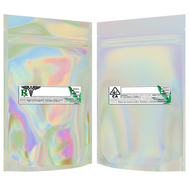 1 Ounce Gloss Holographic & Clear Mylar Bags + Labels - (100 qty.)