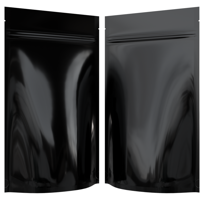 Gloss Black Opaque Dragon Chewer 14g gram 1/2 ounce smell proof mylar bags by HIGHLOCK. Best thick wholesale bulk dispensary custom child resistant packaging 420 barrier bags tamper evident resealable large food storage 5x8x2 50 bulk pack