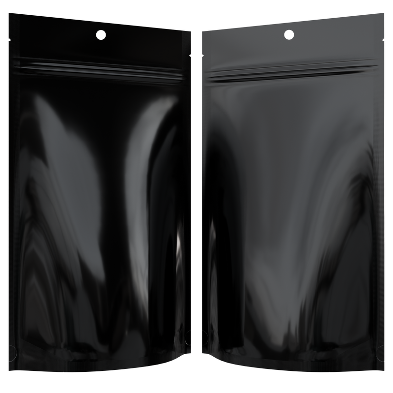 Gloss Black Opaque Dragon Chewer 14g gram 1/2 ounce smell proof mylar bags by HIGHLOCK. Best thick wholesale bulk dispensary custom child resistant packaging 420 barrier bags tamper evident resealable large food storage 5x8x2 50 bulk pack hang hole