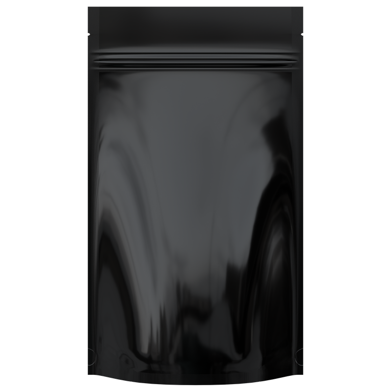 Gloss Black Opaque Dragon Chewer 14g gram 1/2 ounce smell proof mylar bags by HIGHLOCK. Best thick wholesale bulk dispensary custom child resistant packaging 420 barrier bags tamper evident resealable large food storage baggies 5x8x2 50 bulk pack