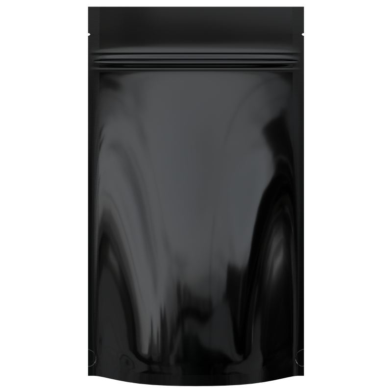 Gloss Black Opaque Dragon Chewer 14g half ounce smell proof mylar bags by HIGHLOCK. Best thick wholesale bulk dispensary custom child resistant packaging 420 barrier bags tamper evident resealable large food storage heat sealable 5x8x2 50 bulk pack