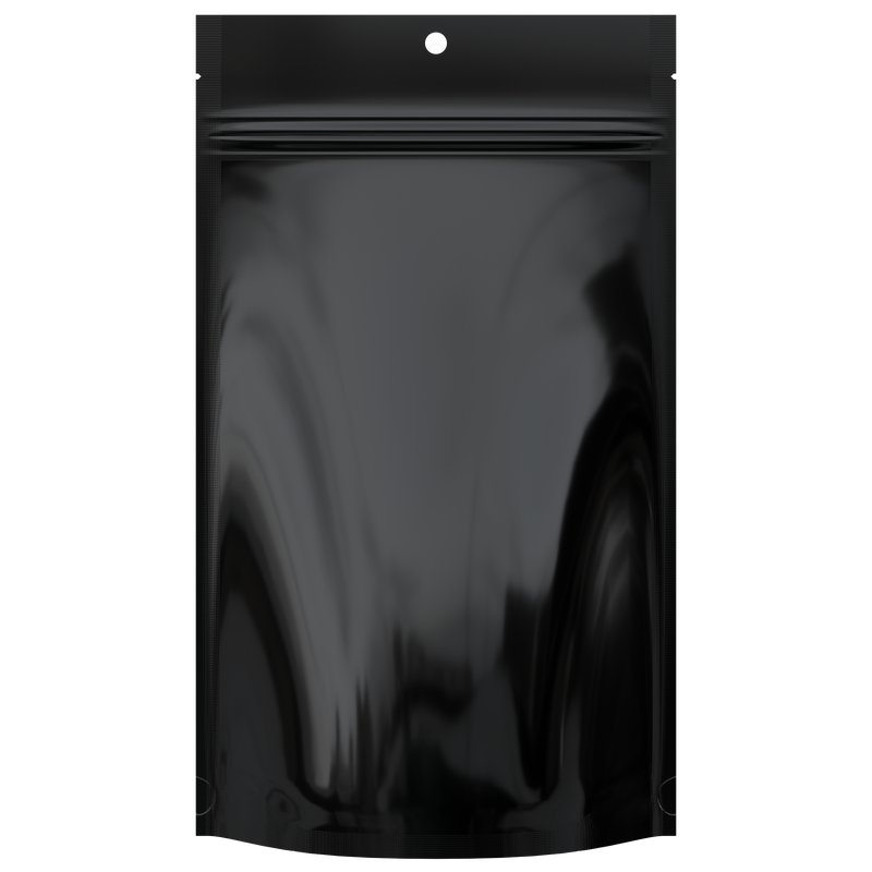 Gloss Black Opaque Dragon Chewer 14g half ounce smell proof mylar bags by HIGHLOCK. Best thick wholesale bulk dispensary custom child resistant packaging 420 barrier bags tamper evident resealable large food storage heat sealable 5x8x2 50 bulk pack hang hole