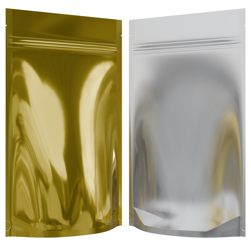 Gloss Gold Vista Clear Translucent Transparent Dragon Chewer 14g gram 1/2 ounce smell proof mylar bags by HIGHLOCK. Best thick wholesale bulk dispensary custom child resistant packaging 420 barrier bags tamper evident resealable large food storage 5x8x2 50 bulk pack