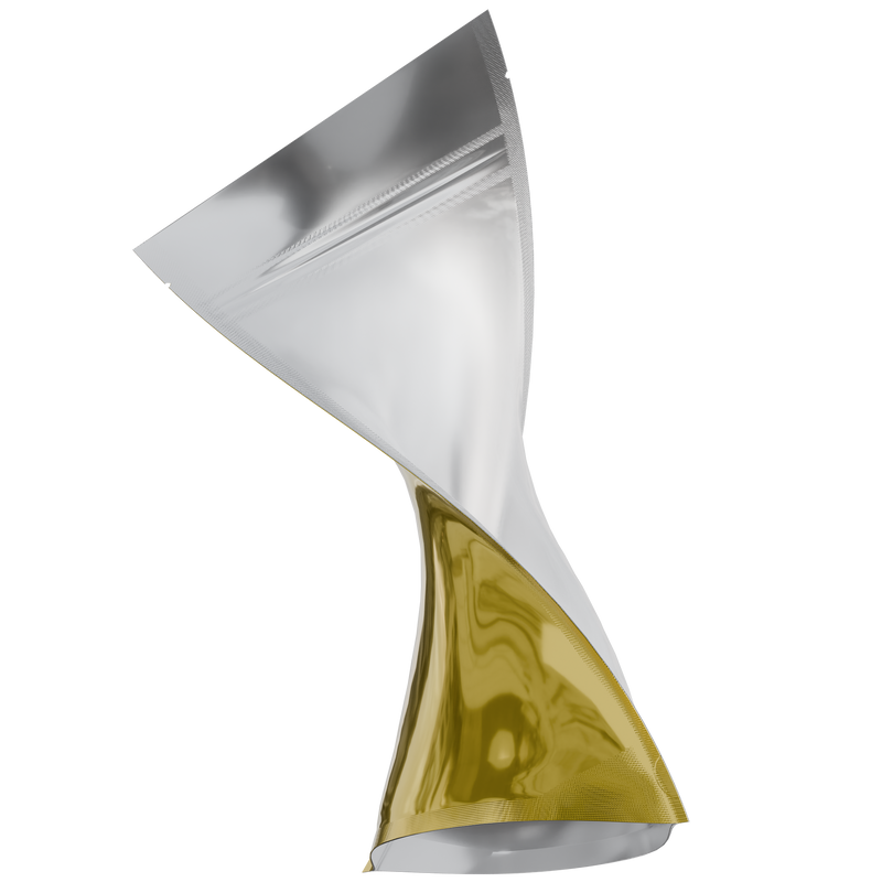 Gloss Gold Vista Clear Translucent Transparent Dragon Chewer 14g gram 1/2 ounce smell proof mylar bags by HIGHLOCK. Best thick wholesale bulk dispensary custom child resistant packaging 420 barrier bags tamper evident resealable large food storage 5x8x2