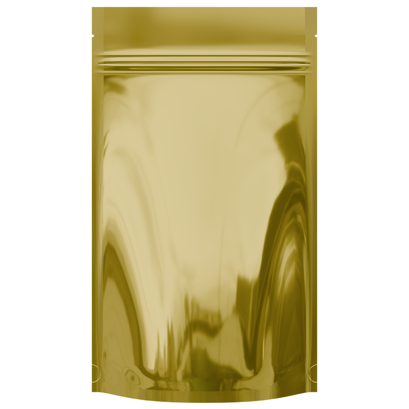 Gloss Gold Vista Clear Dragon Chewer 14g half ounce smell proof mylar bags by HIGHLOCK. Best thick wholesale bulk dispensary custom child resistant packaging 420 barrier bags tamper evident resealable large food storage heat sealable 5x8x2 50 bulk pack