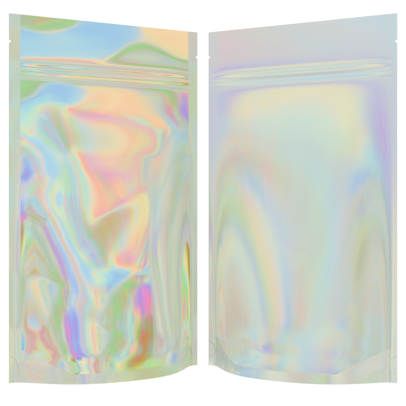 Gloss Holographic Vista Clear Translucent Transparent Dragon Chewer 14g gram 1/2 ounce smell proof mylar bags by HIGHLOCK. Best thick wholesale bulk dispensary custom child resistant packaging 420 barrier bags tamper evident resealable large food storage 5x8x2 50 bulk pack