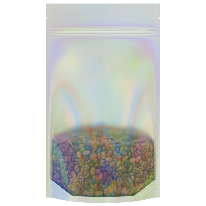 Gloss Holographic Vista Clear Translucent Transparent Dragon Chewer 14g gram 1/2 ounce smell proof mylar bags by HIGHLOCK. Best thick wholesale bulk dispensary custom child resistant packaging 420 barrier bags tamper evident resealable large food storage baggies 5x8x2 50 bulk pack