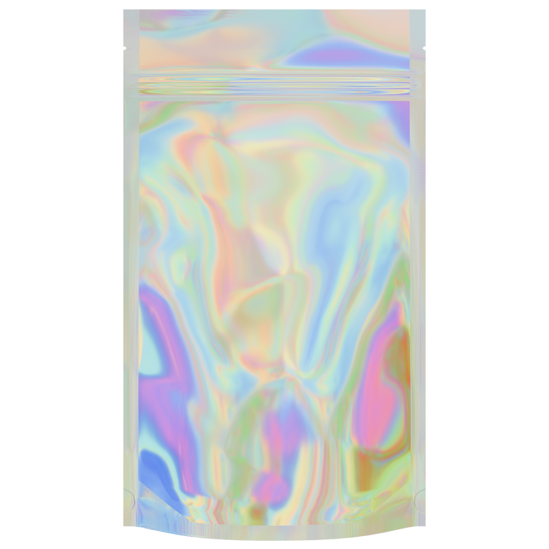Gloss Holographic Vista Clear Dragon Chewer 14g half ounce smell proof mylar bags by HIGHLOCK. Best thick wholesale bulk dispensary custom child resistant packaging 420 barrier bags tamper evident resealable large food storage heat sealable 5x8x2 50 bulk pack