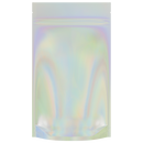 Gloss Holographic Vista Clear Dragon Chewer 14g half .5 ounce smell proof mylar bags by HIGHLOCK. Best thick wholesale bulk dispensary custom child resistant packaging 420 barrier bags tamper evident resealable large food storage heat sealable tear notches 5x8x2 50 bulk pack