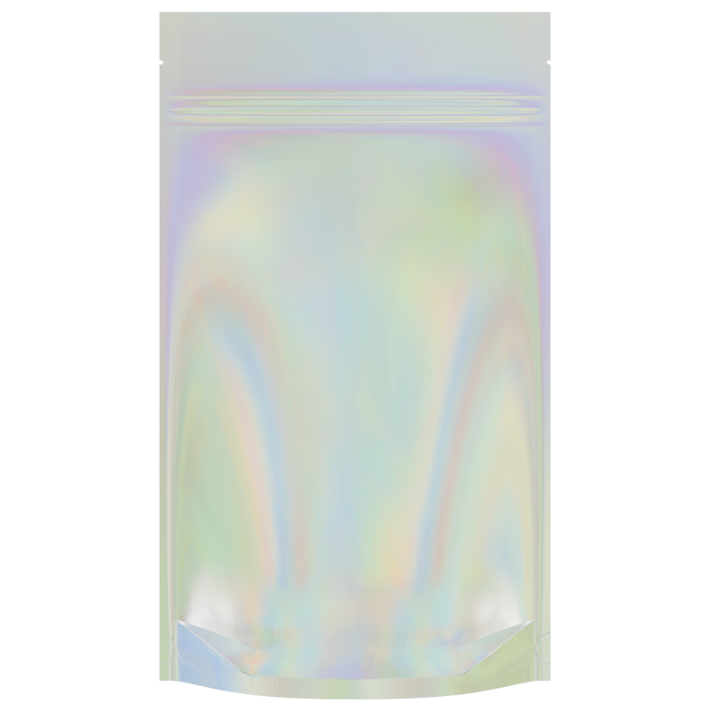 Gloss Holographic Vista Clear Dragon Chewer 14g half .5 ounce smell proof mylar bags by HIGHLOCK. Best thick wholesale bulk dispensary custom child resistant packaging 420 barrier bags tamper evident resealable large food storage heat sealable tear notches 5x8x2 50 bulk pack