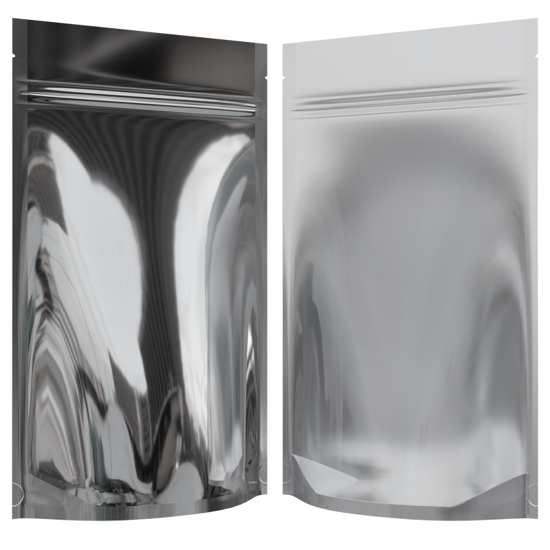 Gloss Silver Foil Metal Vista Clear Translucent Transparent Dragon Chewer 14g gram 1/2 ounce smell proof mylar bags by HIGHLOCK. Best thick wholesale bulk dispensary custom child resistant packaging 420 barrier bags tamper evident resealable large food storage near me nearby 5x8x2