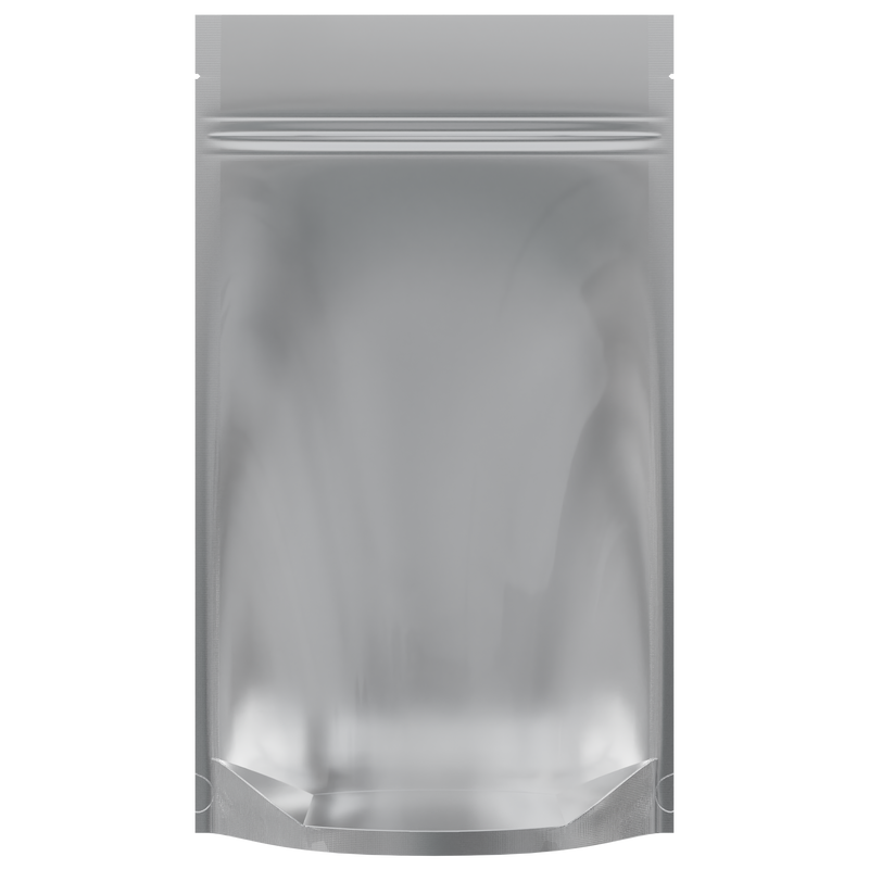 Gloss Silver Foil Metal Vista Clear Dragon Chewer 14g half .5 ounce smell proof mylar bags by HIGHLOCK. Best thick wholesale bulk dispensary custom child resistant packaging 420 barrier bags tamper evident resealable large food storage heat sealable tear notches 5x8x2