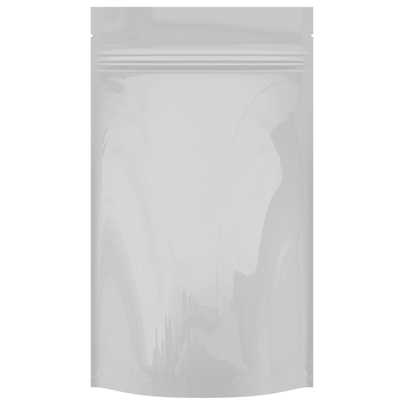 Gloss White Opaque Dragon Chewer 14g half ounce smell proof mylar bags by HIGHLOCK. Best thick wholesale bulk dispensary custom child resistant packaging 420 barrier bags tamper evident resealable large food storage heat sealable 5x8x2