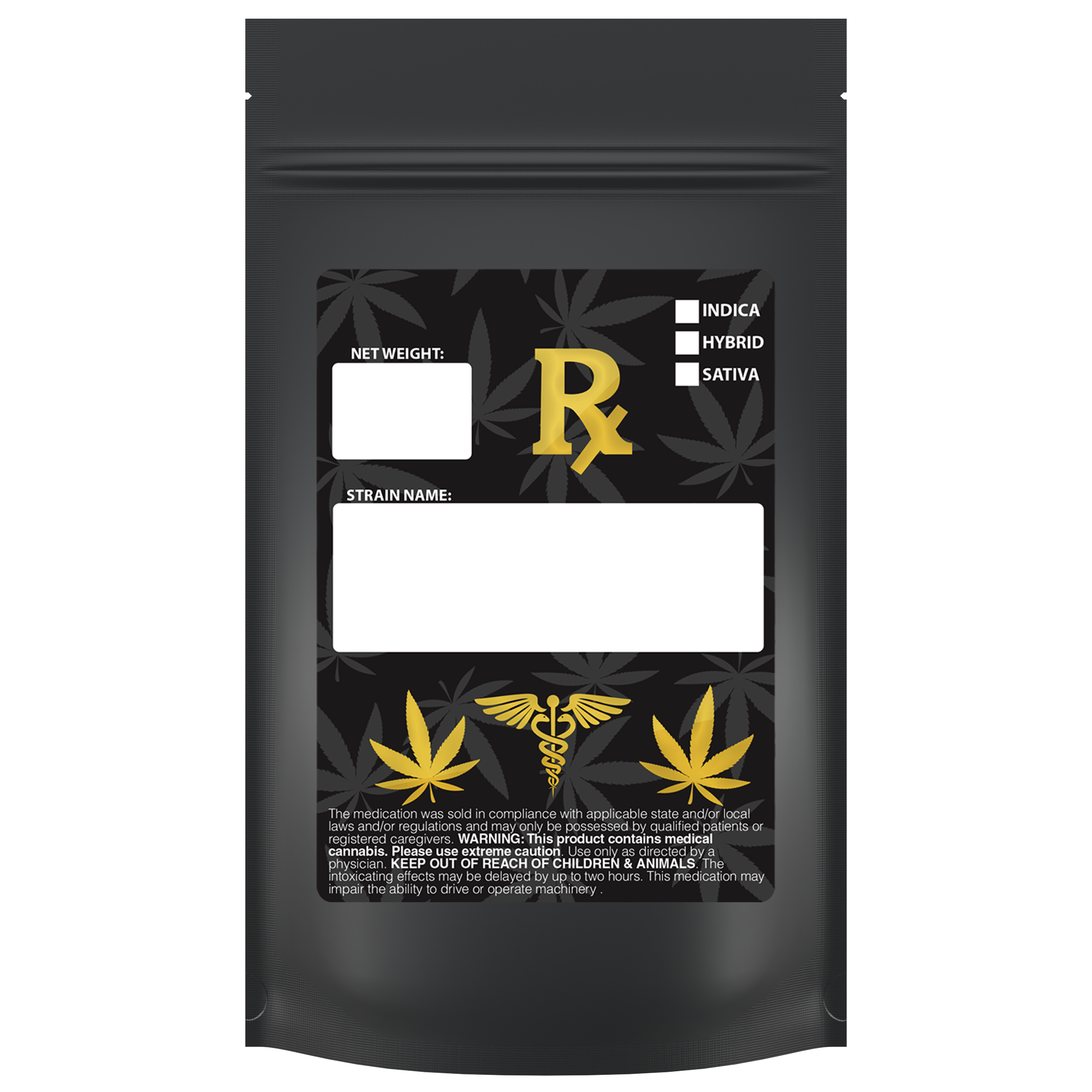 1/2 Ounce Matte Black & Matte Black Designer Custom Mylar Bags + Label