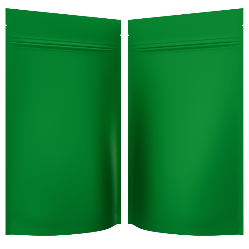Matte Green Opaque Dragon Chewer 14g gram 1/2 ounce smell proof mylar bags by HIGHLOCK. Best thick wholesale bulk dispensary custom child resistant packaging 420 barrier bags tamper evident resealable large food storage 5x8x2 50 bulk pack