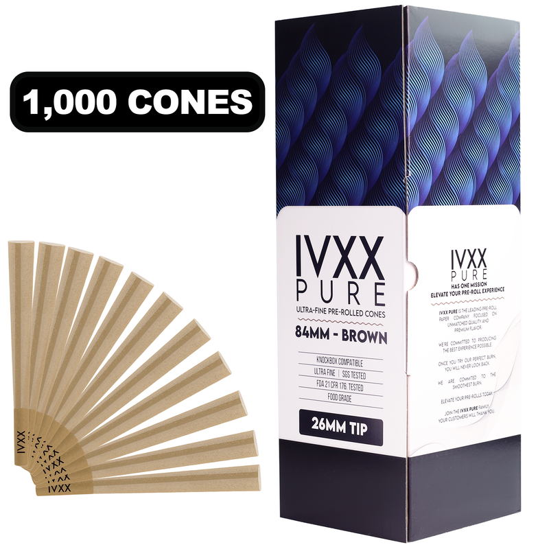 84mm IVXX Pure Pre-Rolled Paper Cones - Unbleached Brown [1,000 Cones per Box]