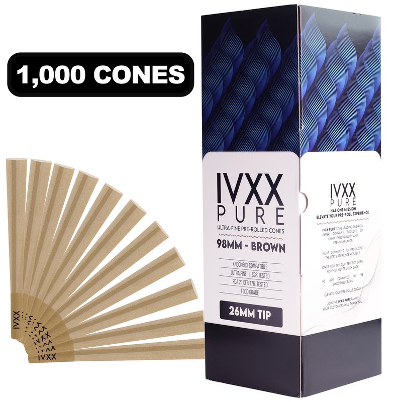 98mm IVXX Pure Pre-Rolled Paper Cones - Unbleached Brown [1,000 Cones per Box]