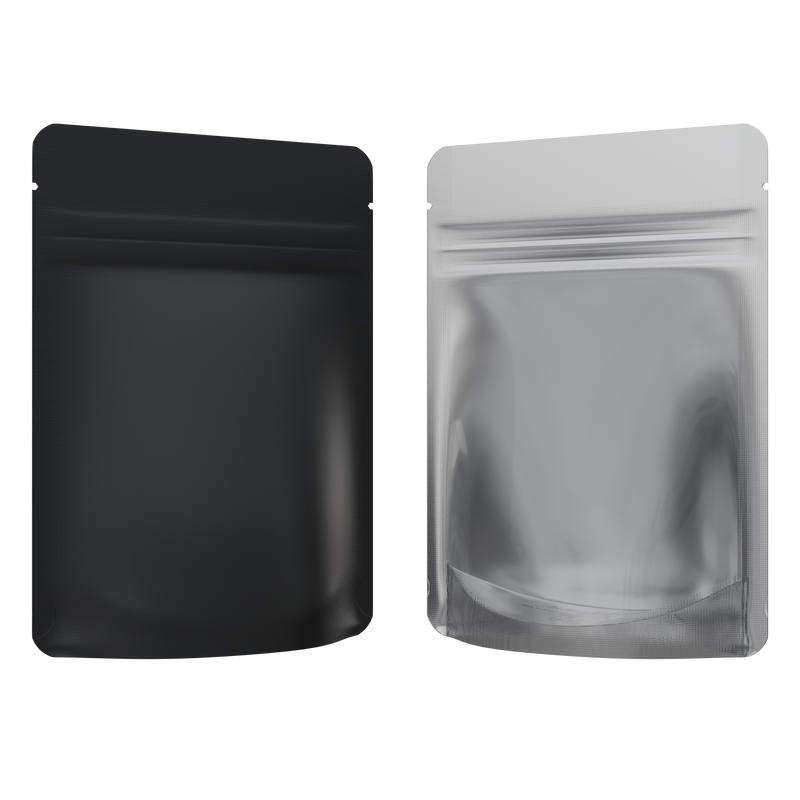 1/8th Ounce 3.5g CR Exit Bags Matte Black / Gloss Clear - Tear Notch Mylar Bags - Child Resistant - (1,000 qty.)