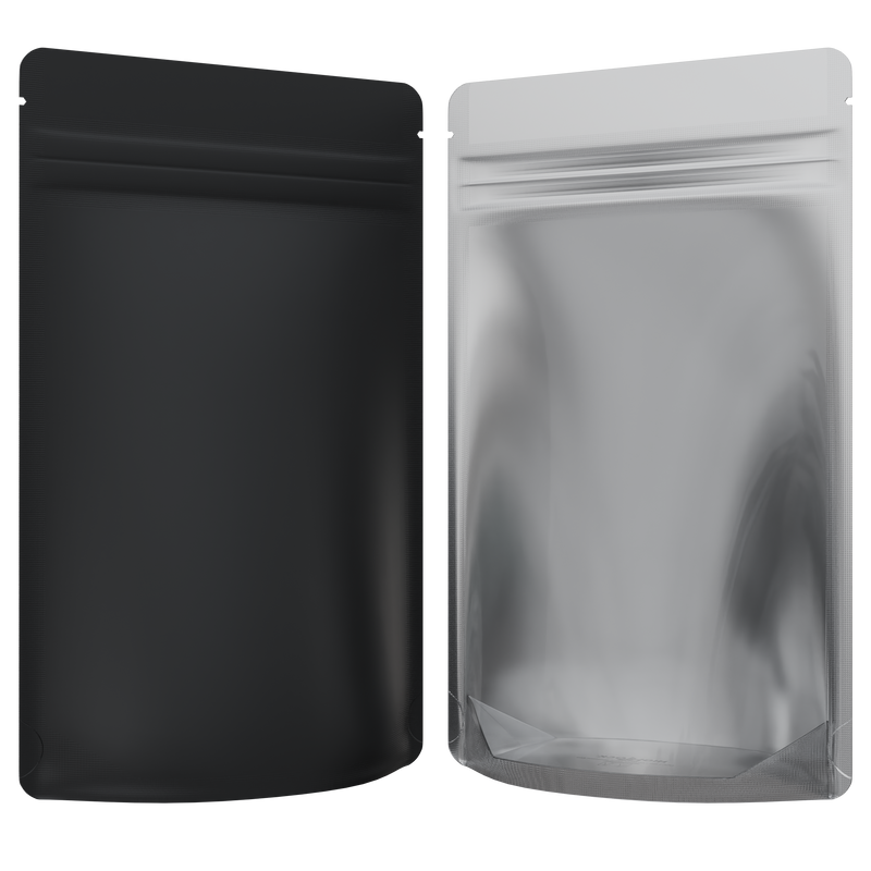 1/2 Ounce CR Exit Bags Matte Black / Gloss Clear - Tear Notch Mylar Bags - Child Resistant - (1,000 qty.)