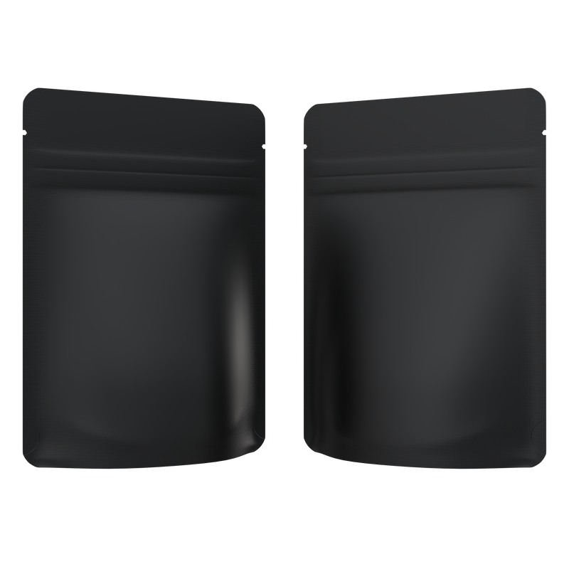 1/8th Ounce 3.5g CR Exit Bags Matte Black / Matte Black - Tear Notch Mylar Bags - Child Resistant - (1,000 qty.)